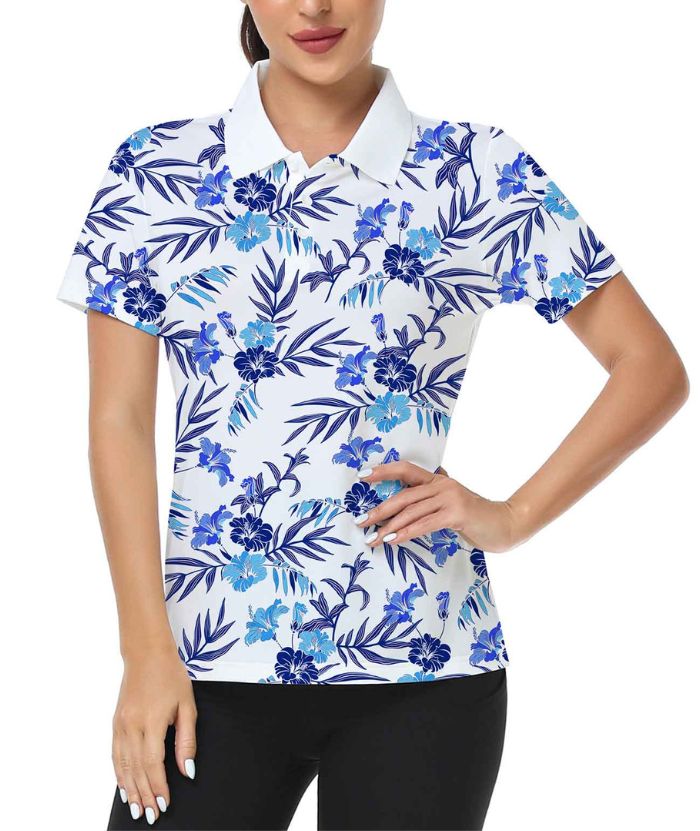 ZITY Women's Slim Fit Flower Print Golf Polo Shirt-CUWPO01327