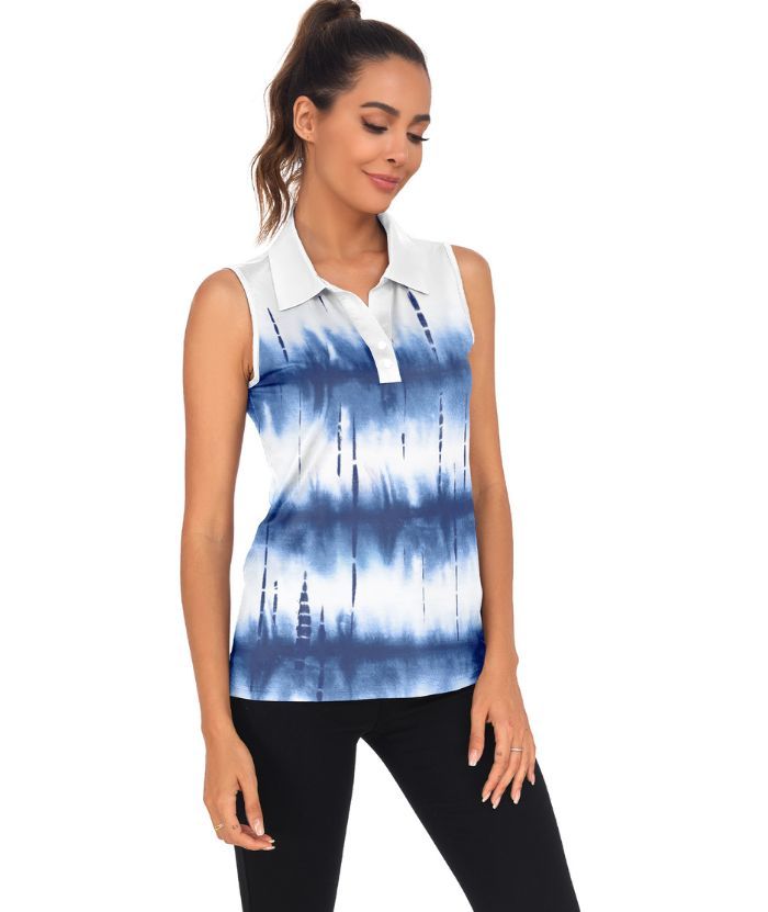 ZITY Women's Tie Dye Print Sleeveless Golf Polo Shirt-CUWBP02214