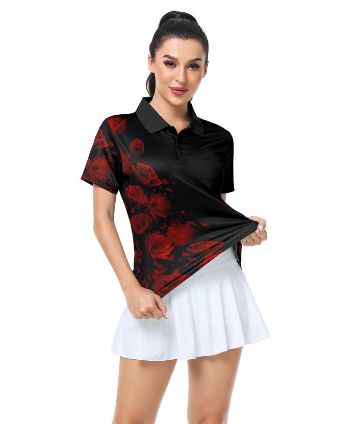 ZITY Women's Rose Printed Dri Fit Golf Polo Shirt-CUWPO02666