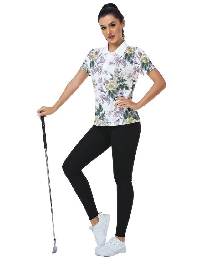 ZITY Women's Flower Printed Dri Fit Golf Polo Shirt-CUWPO02667