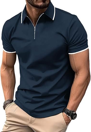 ZITY Men's Quarter Zip Solid Color Slim Fit Polo Shirt-CUMPO04526