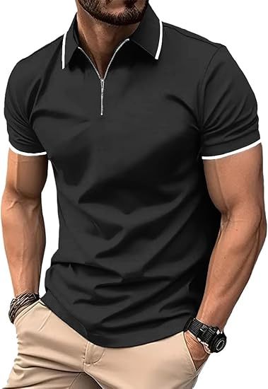 ZITY Men's Quarter Zip Solid Color Slim Fit Polo Shirt-CUMPO04526