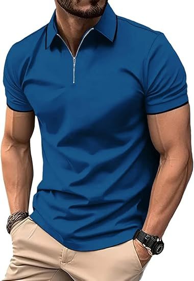 ZITY Men's Quarter Zip Solid Color Slim Fit Polo Shirt-CUMPO04526