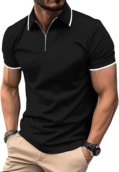 ZITY Men's Quarter Zip Solid Color Slim Fit Polo Shirt-CUMPO04526