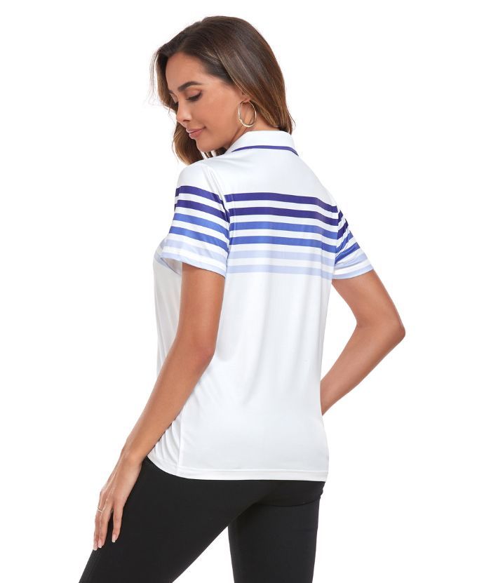 ZITY Women's V Neck Color Stripe Slim Fit Polo Shirt-CUWPO01593
