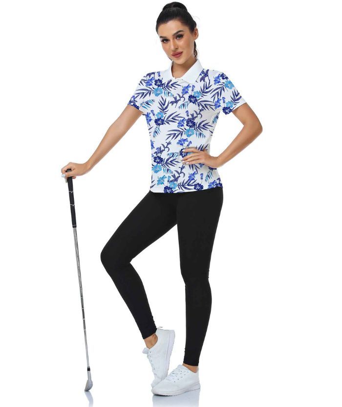 ZITY Women's Slim Fit Flower Print Golf Polo Shirt-CUWPO01327