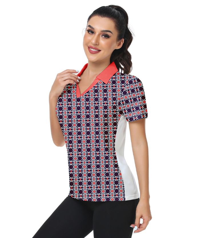 ZITY Women's Slim Fit Geometry Print Golf Polo Shirt-CUWPO01016