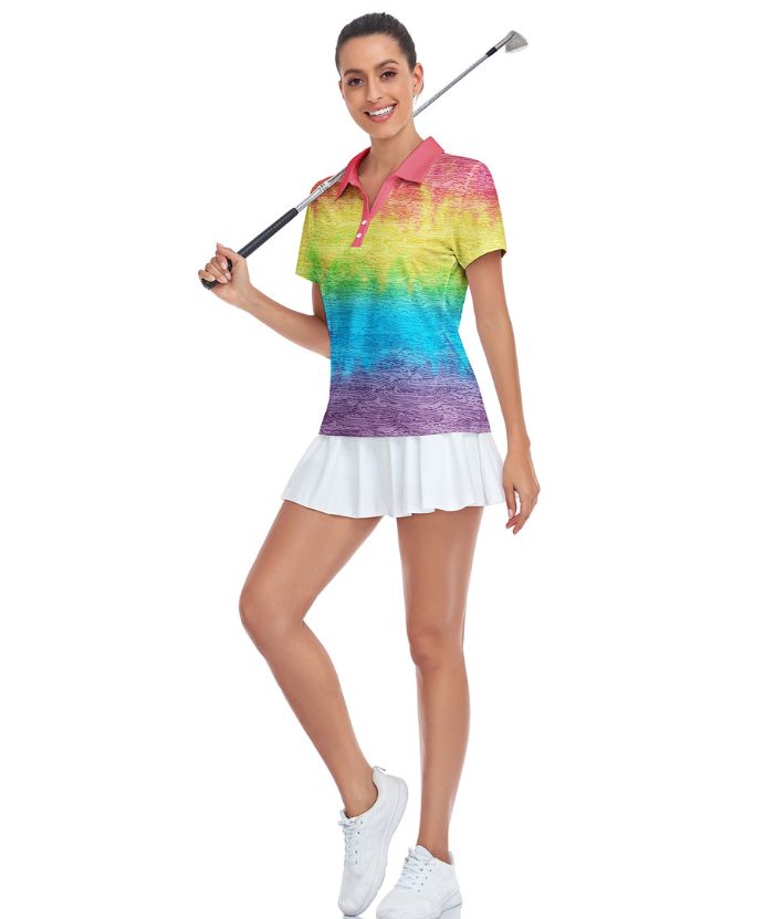 ZITY Women's Slim Fit Rainbow Print Golf Polo Shirt-CUWPO01299