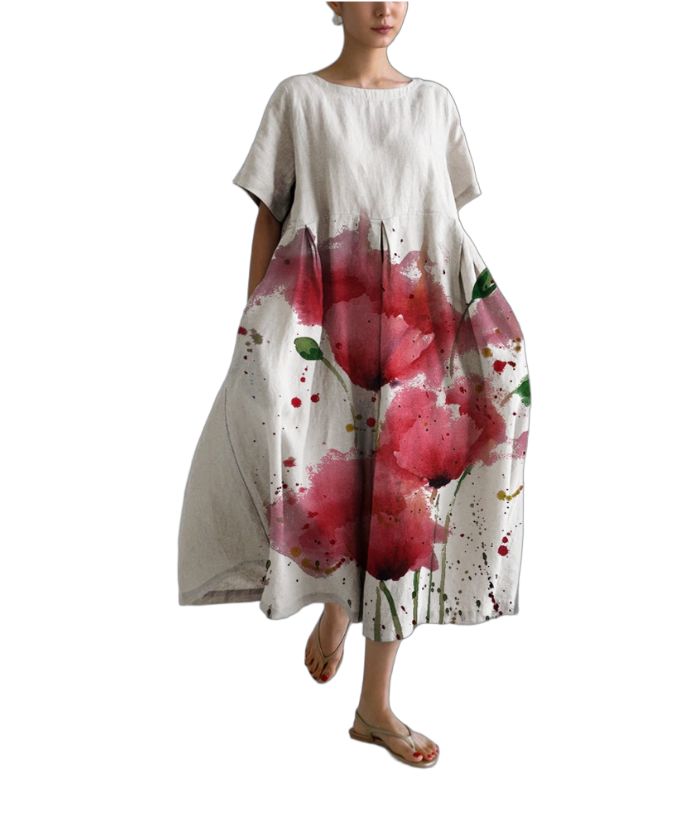 ZITY Women's Loose Round Neck Fashionable Printed Dress
