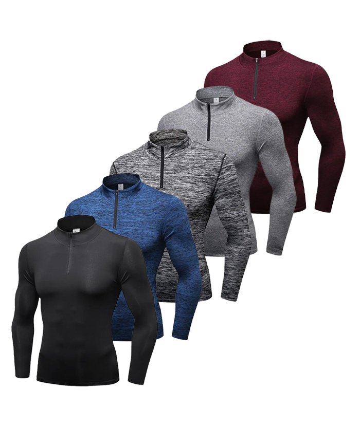 5 Pack Men's Stand Collar Athletic Dri Fit Compression Long Sleeve Shirt-DZUHE00189