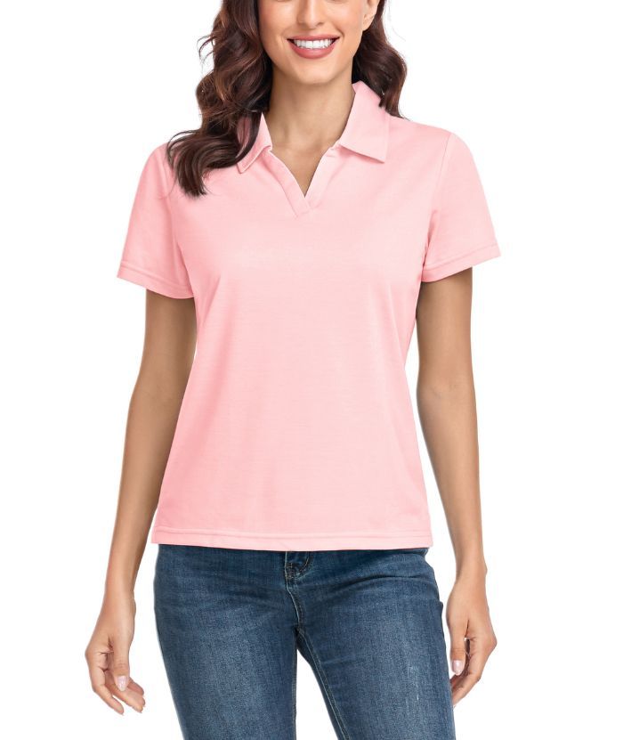 Women's Solid Color Slim Fit V Neck Golf Polo Shirt-CUWPO01589