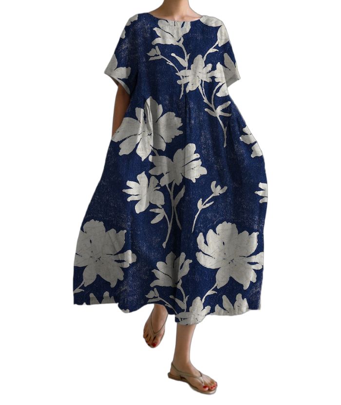 ZITY Women's Loose Round Neck Fashionable Printed Dress