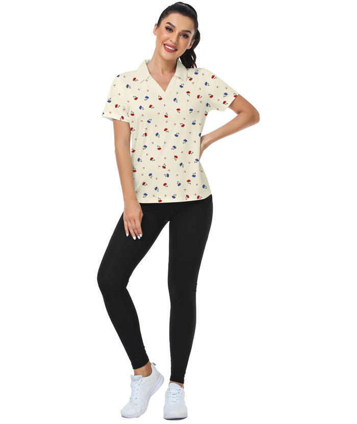 ZITY Women's Floral Printed Slim Fit V Neck Golf Polo Shirt-CUWPO01339