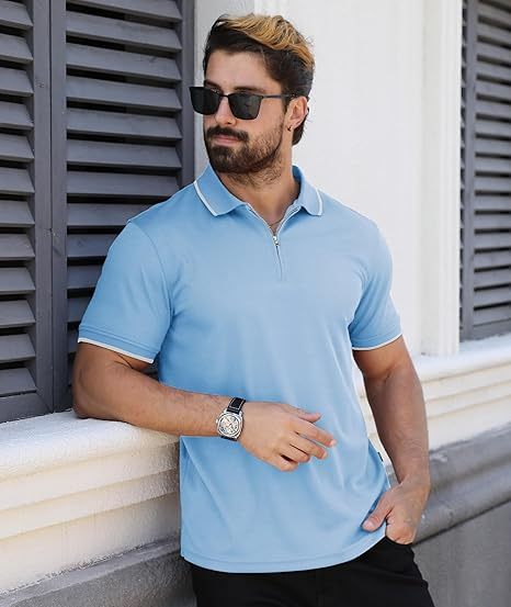 ZITY Men's Quarter Zip Solid Color Slim Fit Polo Shirt-CUMPO04526