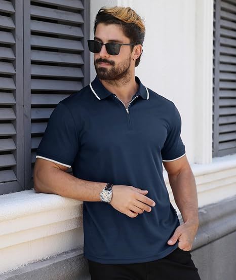 ZITY Men's Quarter Zip Solid Color Slim Fit Polo Shirt-CUMPO04526