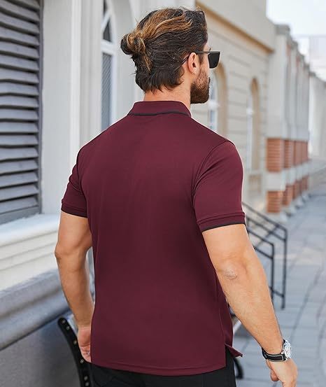 ZITY Men's Quarter Zip Solid Color Slim Fit Polo Shirt-CUMPO04526