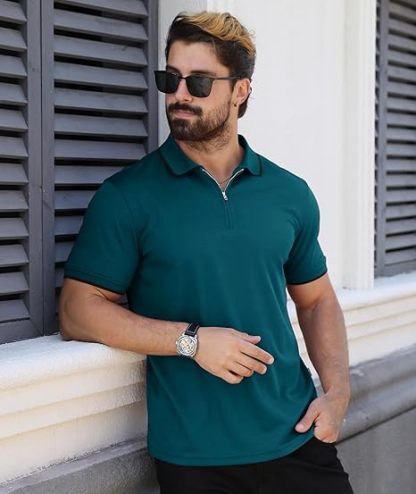 ZITY Men's Quarter Zip Solid Color Slim Fit Polo Shirt-CUMPO04526