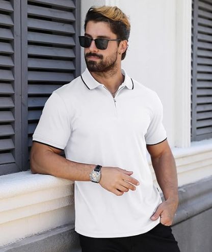 ZITY Men's Quarter Zip Solid Color Slim Fit Polo Shirt-CUMPO04526