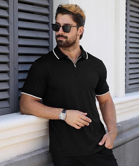 ZITY Men's Quarter Zip Solid Color Slim Fit Polo Shirt-CUMPO04526