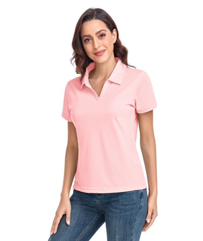 Women's Solid Color Slim Fit V Neck Golf Polo Shirt-CUWPO01589