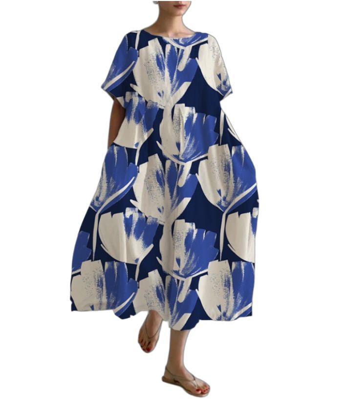 ZITY Women's Loose Round Neck Fashionable Printed Dress
