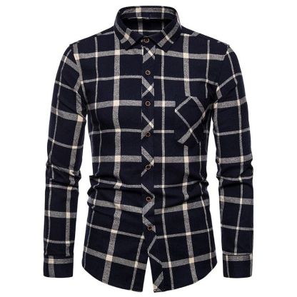 ZITY Men’s Fashion Contrast Plaid Long Sleeve Casual Shirt –