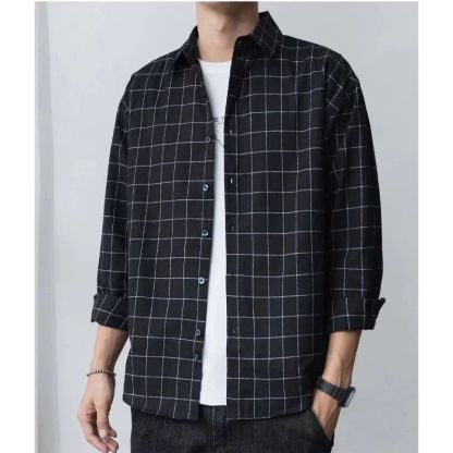 ZITY Men’s Spring Autumn Slim Fit Lightweight Brushed Plaid Long Sleeve Shirt-