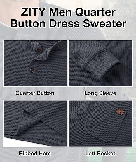 ZITY Men's Long Sleeve Casual Waffle Thermal Henley Shirt-CUMLS03493