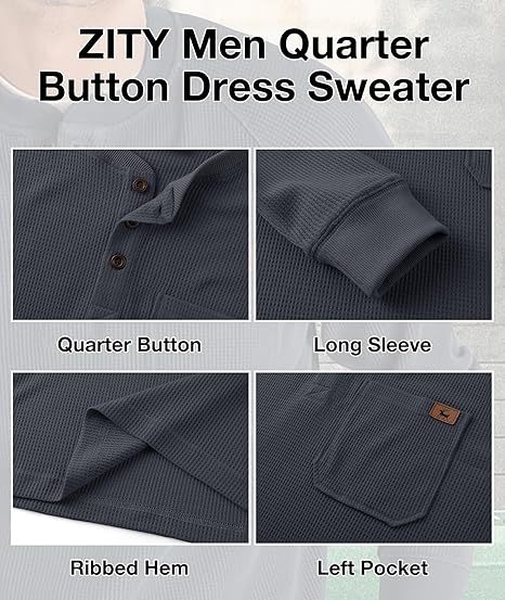 ZITY Men's Long Sleeve Casual Waffle Thermal Henley Shirt-CUMLS03493