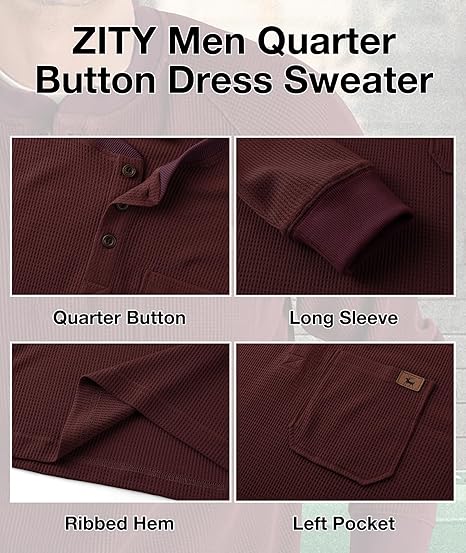 ZITY Men's Long Sleeve Casual Waffle Thermal Henley Shirt-CUMLS03493