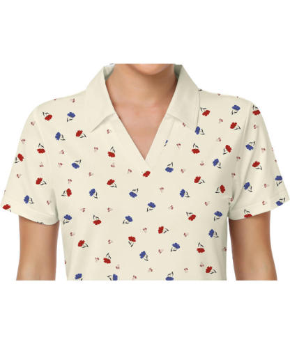 ZITY Women's Floral Printed Slim Fit V Neck Golf Polo Shirt-CUWPO01339