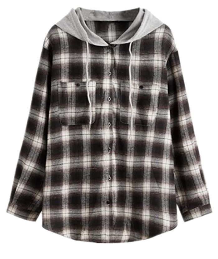 ZITY Women's Plaid Print Button Casual Long Sleeve Hoodie-DUWLT05049|Zitysports
