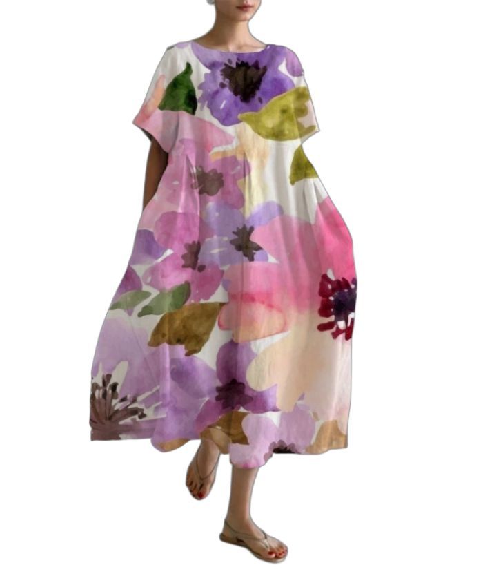 ZITY Women's Loose Round Neck Fashionable Printed Dress