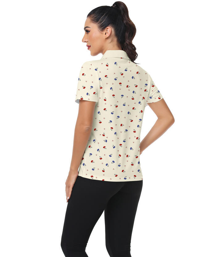 ZITY Women's Floral Printed Slim Fit V Neck Golf Polo Shirt-CUWPO01339