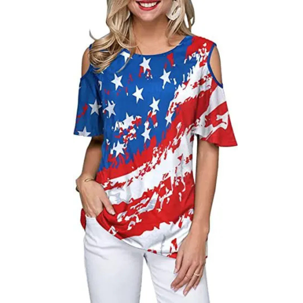 ZITY Women's Digital Printing Off Shoulder American Flag T-Shirt-DUWTS06290
