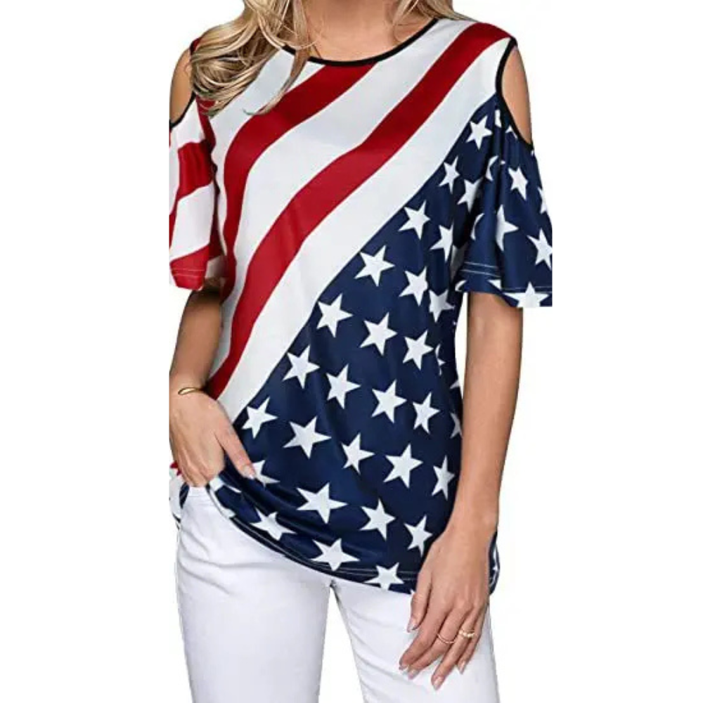 ZITY Women's Digital Printing Off Shoulder American Flag T-Shirt-DUWTS06290