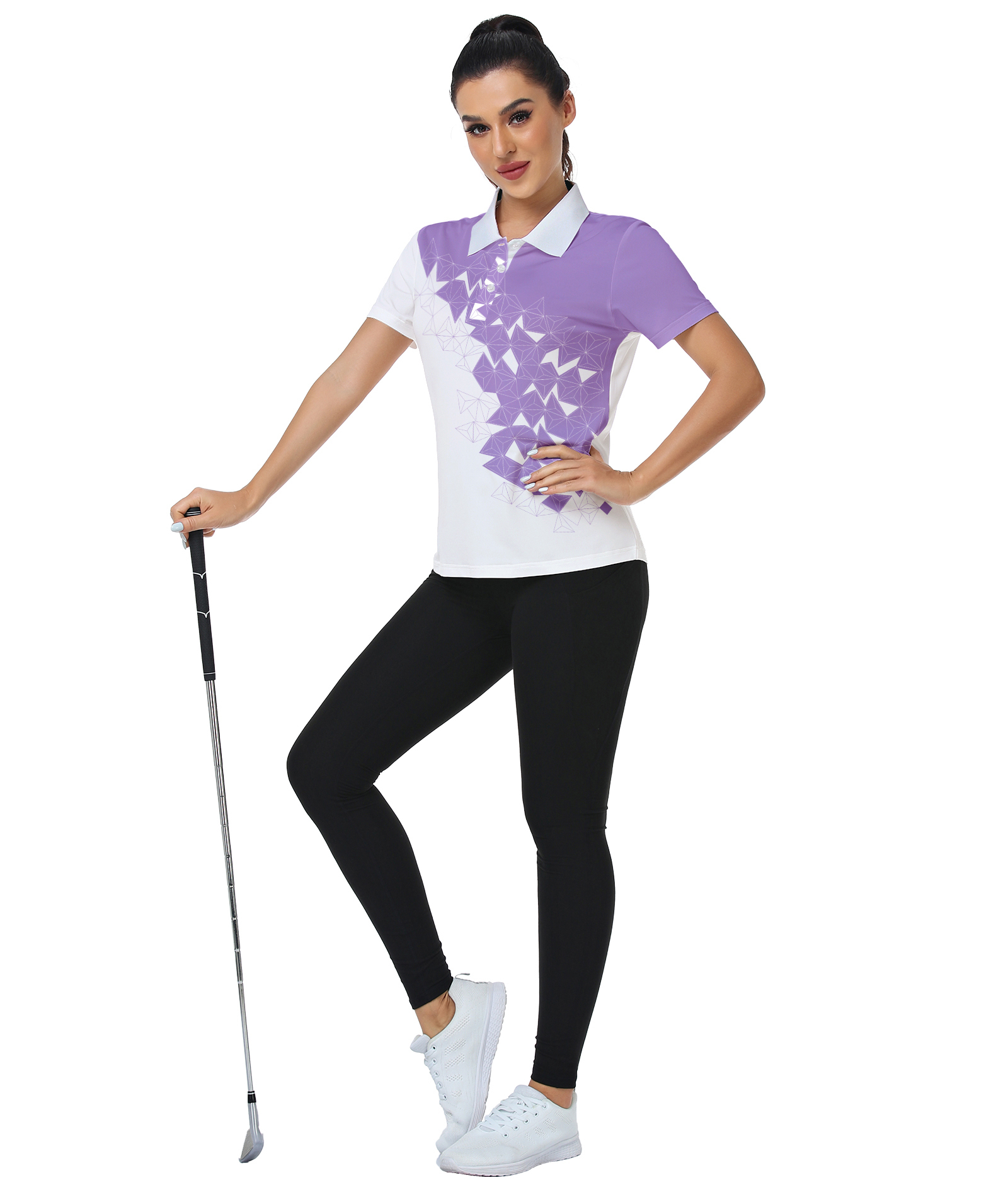 Purple geometric design polo shirts - Women's golf performance wear