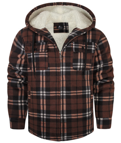 ZITY Men's Long Sleeve Full Zipper Fleece Plaid Hoodie-CFMGF00001