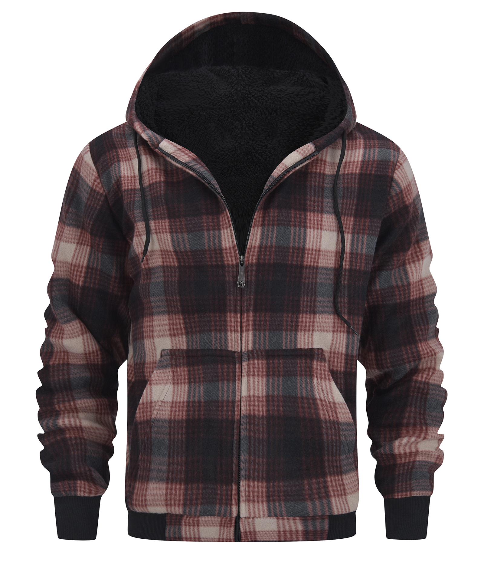 ZITY Men's Full Zipper Drawstring Plaid Fleece Hoodie-AUMFH00570