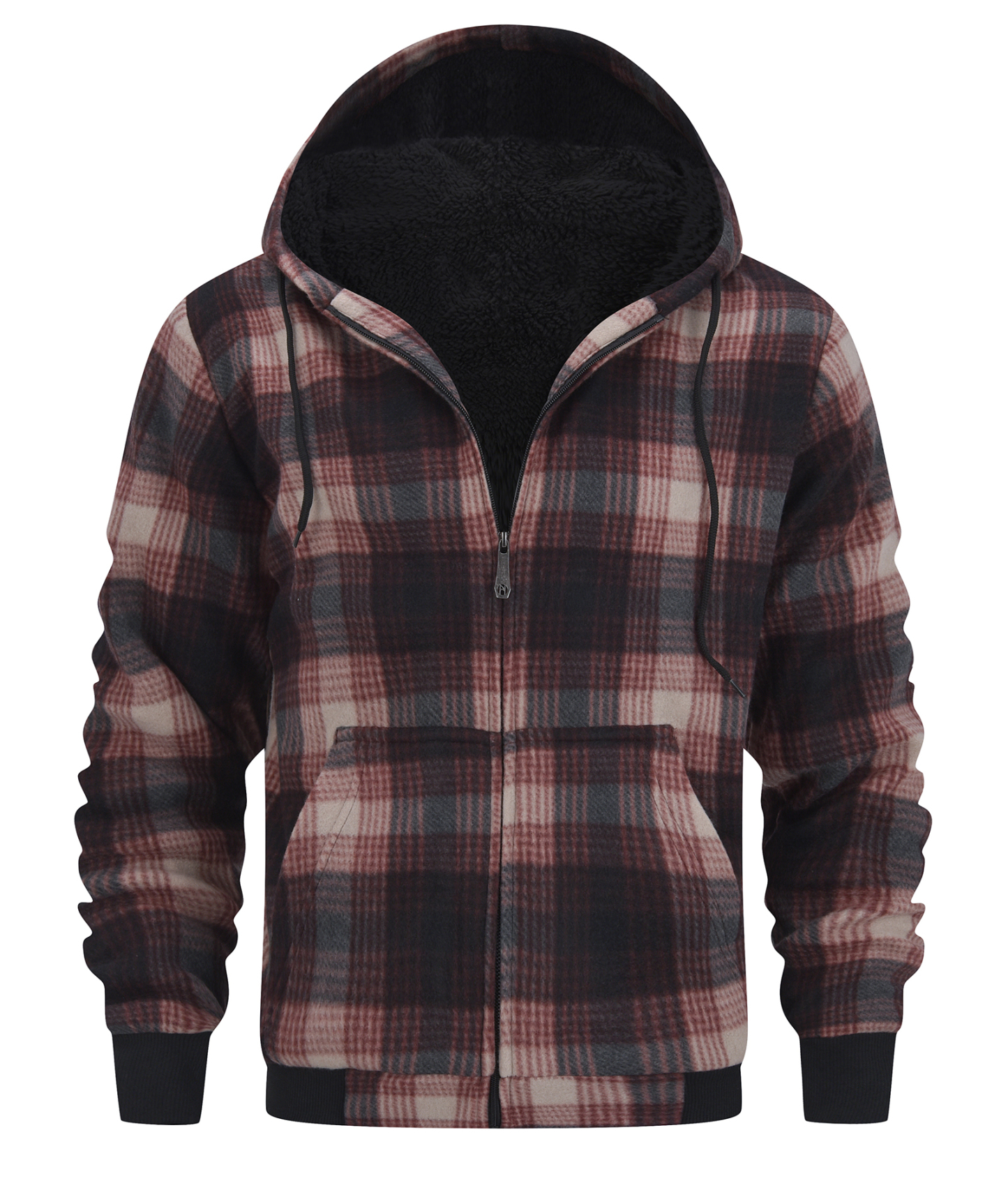 ZITY Men's Full Zipper Drawstring Plaid Fleece Hoodie-AUMFH00570