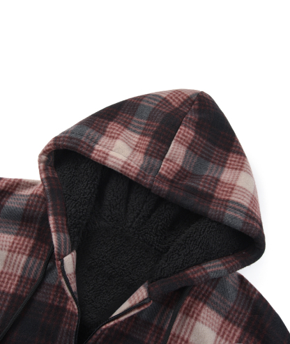 ZITY Men's Full Zipper Drawstring Plaid Fleece Hoodie-AUMFH00570