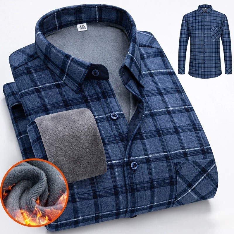 ZITY Men’s Autumn Winter Thick Fleece Lined Plaid Long Sleeve Shirt