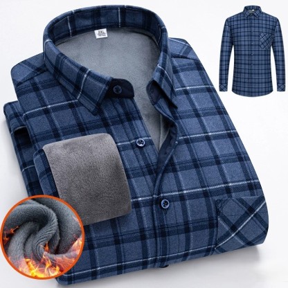 ZITY Men’s Autumn Winter Thick Fleece Lined Plaid Long Sleeve Shirt