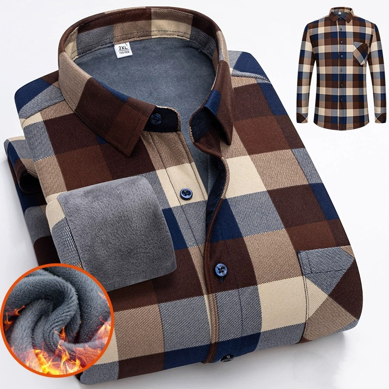 ZITY Men’s Autumn Winter Thick Fleece Lined Plaid Long Sleeve Shirt
