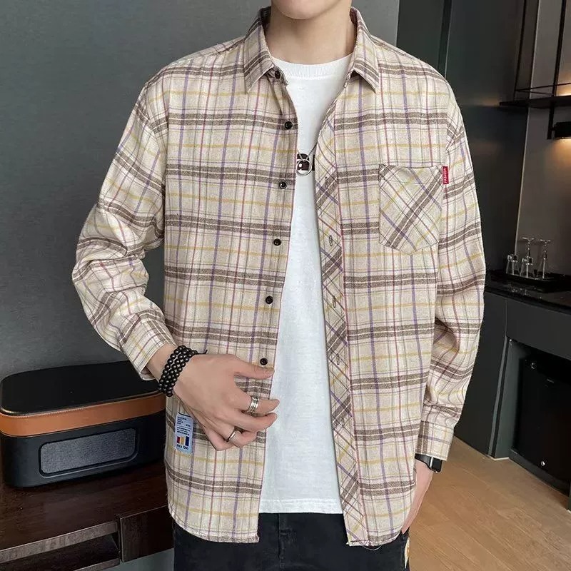 ZITY Men’s Spring Autumn Plaid Long Sleeve Loose Fit Casual Shirt
