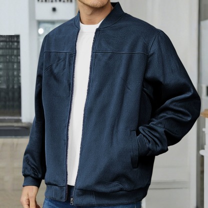 ZITY Men’s Jackets Suede Look Solid Color Zipper Vintage Long Sleeve Casual Outerwear