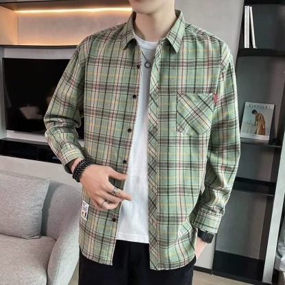 ZITY Men’s Spring Autumn Plaid Long Sleeve Loose Fit Casual Shirt