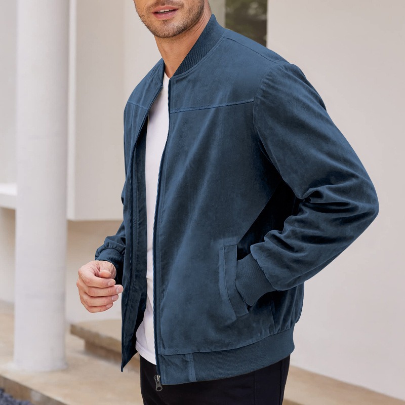 ZITY Men’s Jackets Suede Look Solid Color Zipper Vintage Long Sleeve Casual Outerwear
