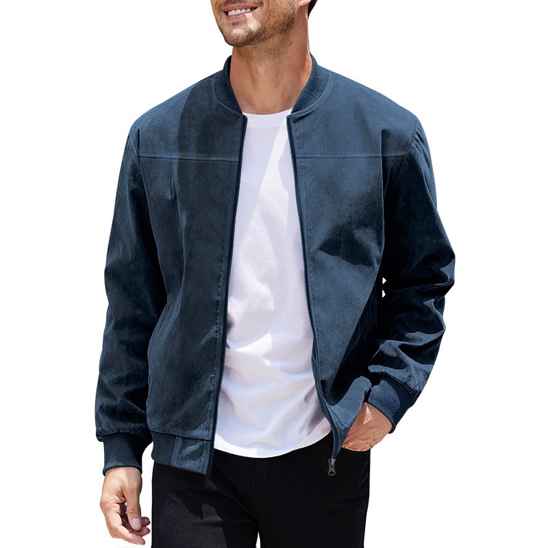 ZITY Men’s Jackets Suede Look Solid Color Zipper Vintage Long Sleeve Casual Outerwear