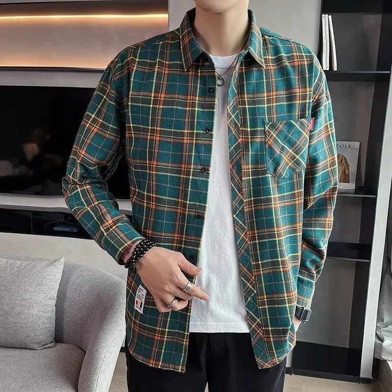 ZITY Men’s Spring Autumn Plaid Long Sleeve Loose Fit Casual Shirt